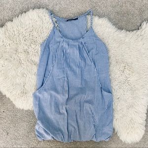 Blue gingham print summer picnic mini dress with pockets